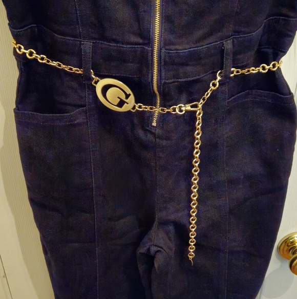 Guess Ember LeClique Denim Dark Blue Jumpsuit with Gold Chain Belt-Size Medium - Picture 6 of 13